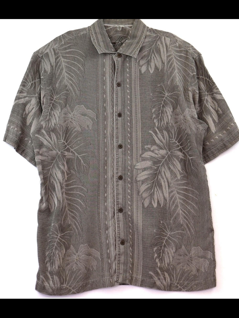 Tommy Bahama Hawaiian Camp Shirt Men's Large 100% Silk 3D Knit Palm Leaves Gray